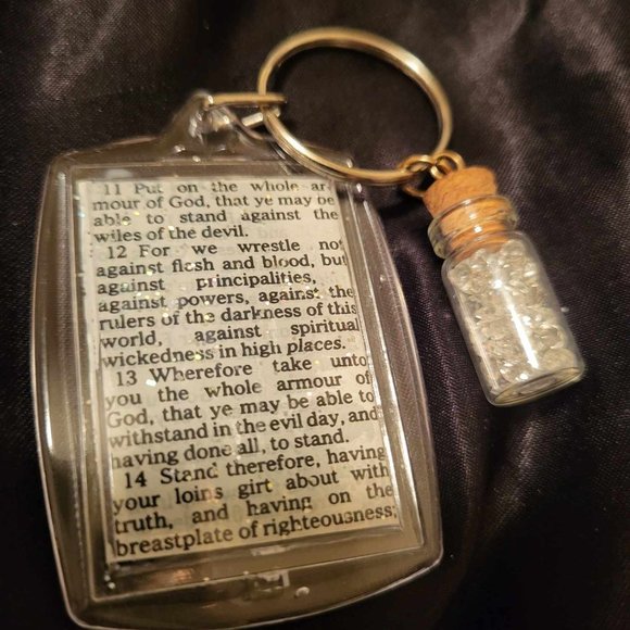 Bible Scripture Keychain with Miniature Vial of Jewels Pendant - Picture 1 of 3